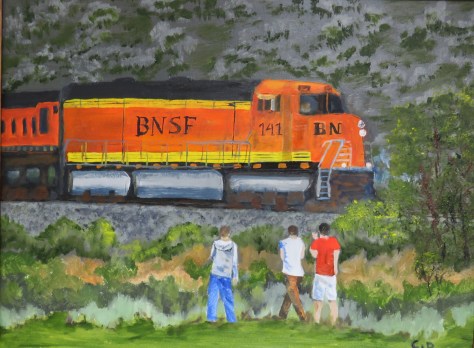 BNSF Train engine and boys watching